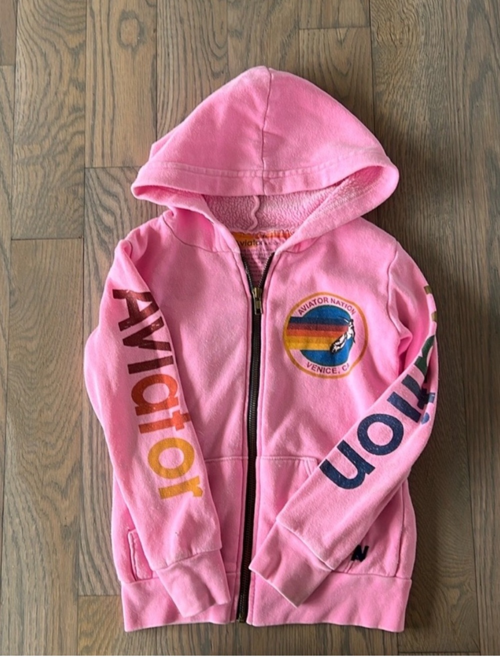 Aviator Nation Kids Pink Hoodie with Multicolor Sleeve Logos size 6